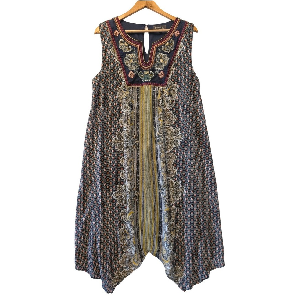 Luxology Navy Paisley Embroidered Handkerchief Hem Sleeveless Dress 16 Boho Chic